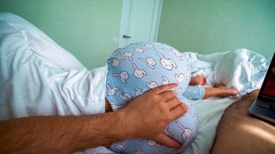 step sister wakes up and helps step brother blindfolded orgy cum while he watches porn