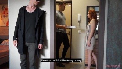 Redhead girl best tits pornstar pays with her body for pizza and her boyfriend (cuckold) watches and masturbate